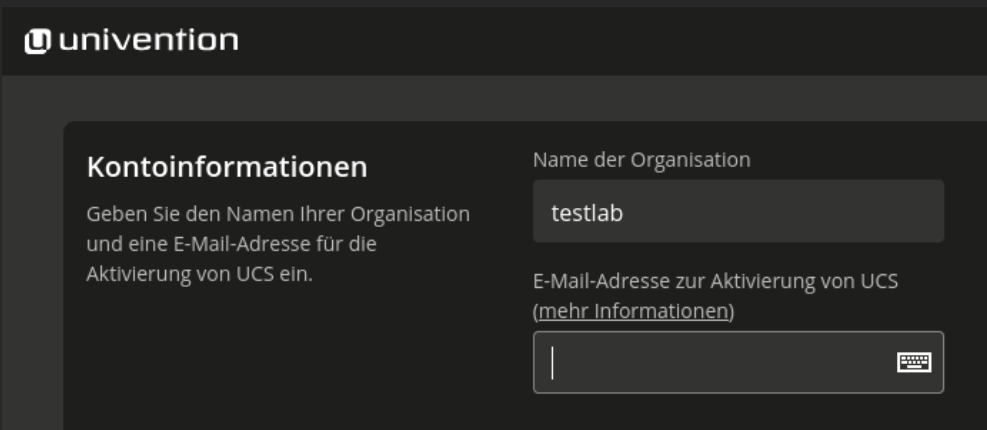 UCS installation: organization details form
